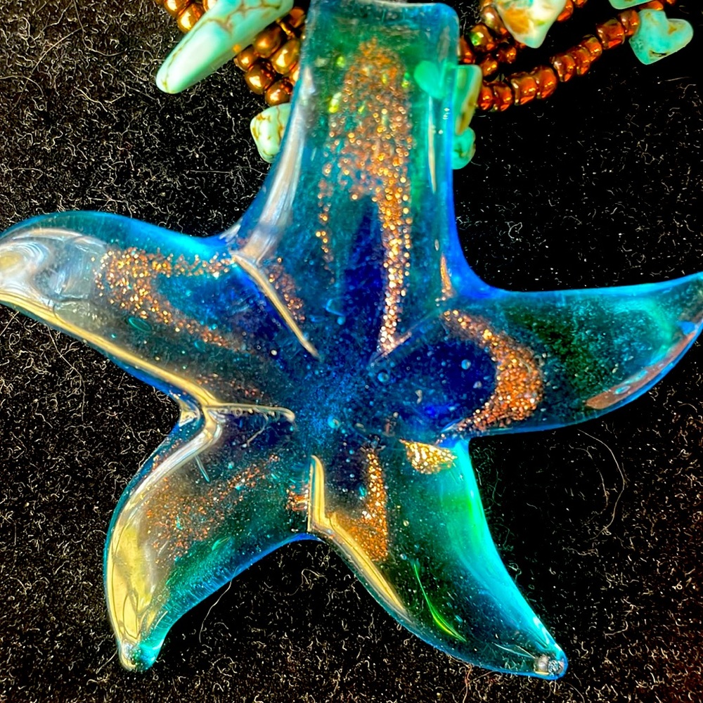 Brown and Aqua blue beaded necklace starfish.